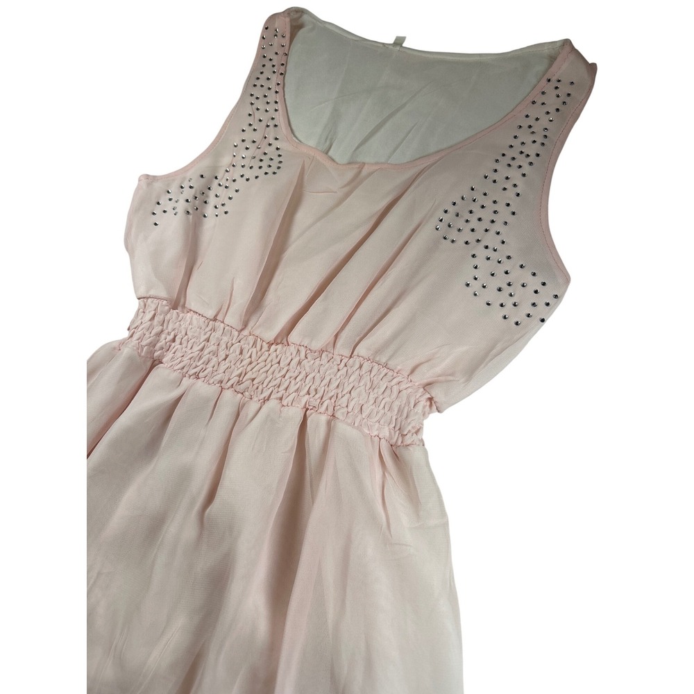 Pink Chiffon Smocked Waist Rhinestone Sleeveless Dress Small Light Pink Sparkly